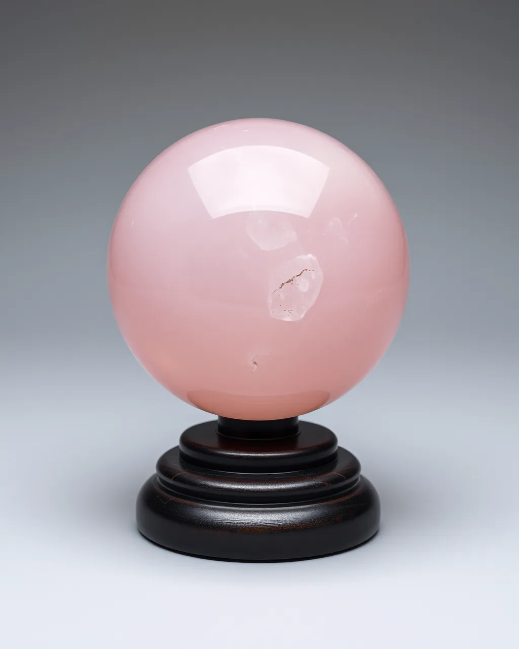 Esfera de quartzo rosa, base em madeira escura
